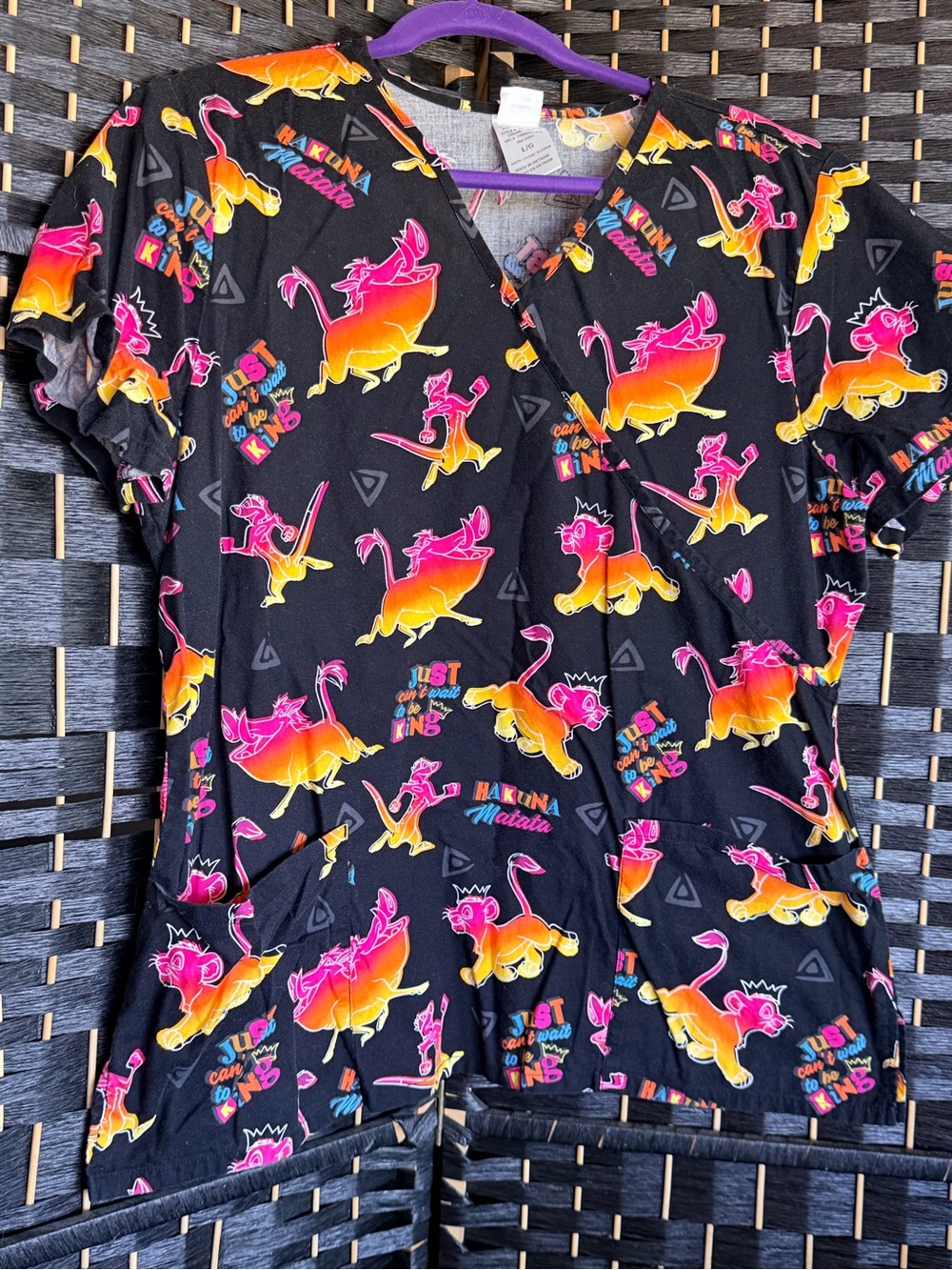 Size Large -Neon Pumbaa & Timon Black V-Neck Scrub Top -like new condition,